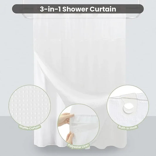 Inhousolu No Hook Shower Curtain with Snap in Fabric Liner Set Waffle Weave 230GSM Weighted Hem, Waterproof & Washable Bathroom Curtain Spa Luxury with Mesh Top Window 72" W x 72" L White - ModernBath