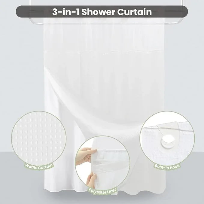 Inhousolu Stall No Hook Shower Curtain with Snap in Fabric Liner Set Waffle Weave 230GSM Weighted Hem, Waterproof & Washable Bathroom Curtain Spa Luxury with Mesh Top Window 36" W x 72" L White - ModernBath