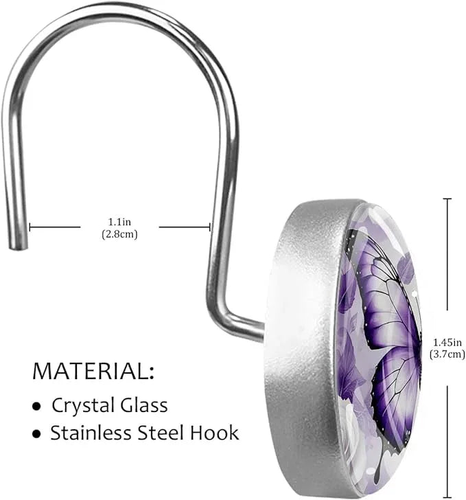 Purple Butterfly and Flower Shower Curtain Hooks, 12Pcs Decorative Rust Resistant Shower Rings for Shower Curtain Rods, Stainless Steel Round Curtain Hooks for Bathroom, Bedroom - ModernBath