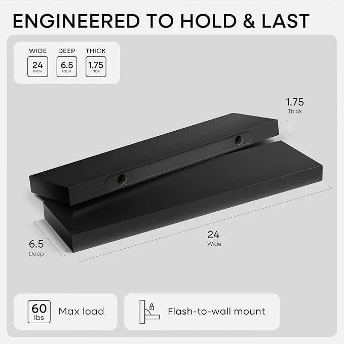 Homeforia Black Floating Shelves 24 inch, High End Solid Real Wood 24inch Bathroom Floating Shelf for Wall Mounted, Black Wooden 24in Floating Shelves, Heavy Duty Bracket, 24 X 6.5 X 1.75 in, Set of 3 - ModernBath