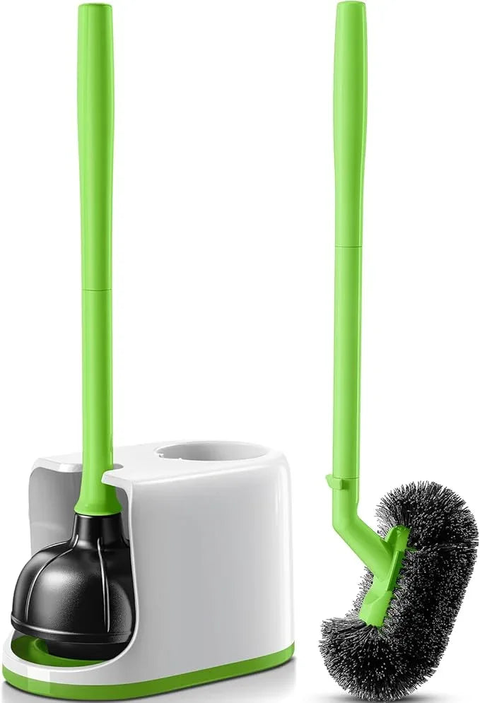 HAMITOR Toilet Plunger Bowl Brush Combo：Heavy Duty Rubber for Drain Clog Remover - Curved Design Bristles for Deep Cleaning Under Rim - Compact Bathroom Cleaning Tools for New Homet Essentials-Green - ModernBath