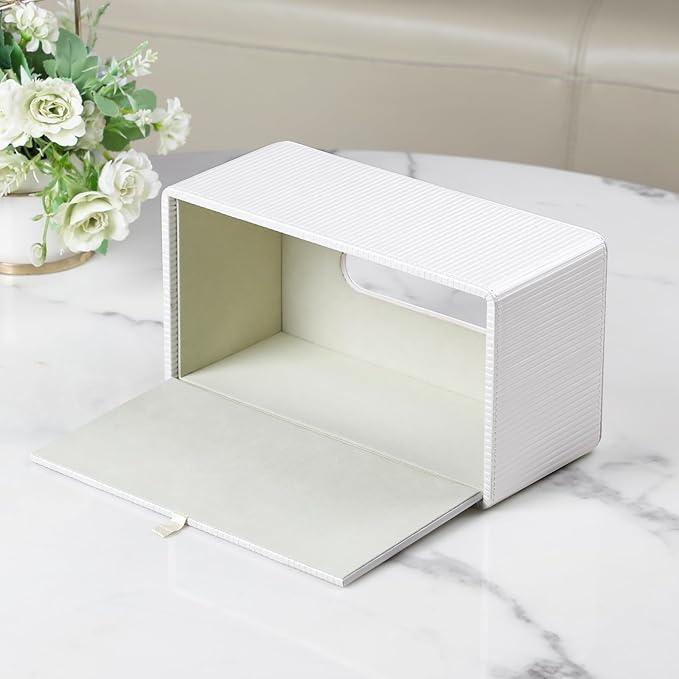 Cretkhp PU Leather Tissue Box Cover Rectangle with Magnetic Closure, Modern Tissue Box Holder for Bathroom NightStands Livingroom, Decorative Tissue Holder for 120(3-Ply)/160(2-Ply) Tissue Box (White) - ModernBath