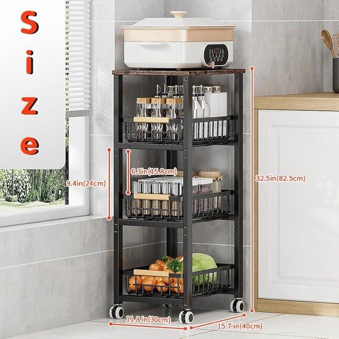 Metal Wire Baskets with Wheels, Stackable Storage Bins Kitchen Organizer Shelf, Multi Layer Fruit Vegetable Cart Dishes Seasonal Rack Freestanding with Pull Out Slide Drawer - ModernBath