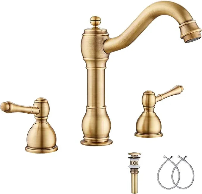 GGStudy 2 Handles 3 Holes Faucet Widespread Bathroom Sink Faucet Basin Tap Mixer Supply Hose Included Matching Pop Up Drain Antique Brass - ModernBath
