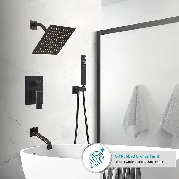 Heable Oil Rubbed Bronze Shower Faucet Set with Tub Spout Bathroom Rainfall 8 Inch Shower Head System with Handheld Single Handle Shower Trim Kit with Rough-in Valve - ModernBath