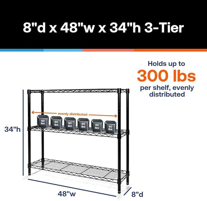 Shelving Inc. 4-Tier Black Wire Shelving Unit, 8"D x 48"W x 34"H, Contemporary Style, Heavy Duty, Rust Resistant, Floor Mount, Storage - ModernBath