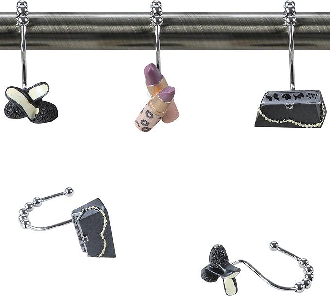 Haute Shower Curtain Hooks for Women Girls Bathroom, Rustproof Black Pink Shower Hooks for Shower Curtain, 5 Roller Ring Balls Decorative Shower Curtain Hooks, Modern Fashion Curtain Hooks, Set of 12 - ModernBath