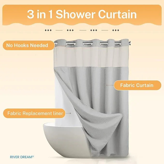 River Dream No Hooks Required Dotted Light Grey Shower Curtain with Snap in Liner - 71" W x 74" H,Hotel Grade,Spa Like Bath Curtain - ModernBath
