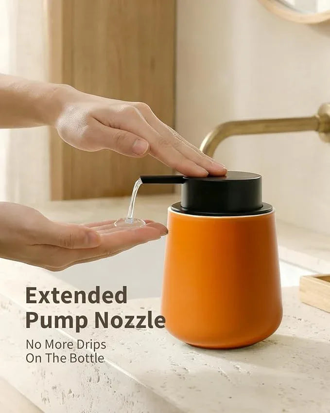 BosilunLife Bathroom Accessory Set - 3 pcs Ceramic Bathroom Soap Dispenser Set Farmhouse Bathroom Counter Decor Set Accessories, Soap Dispenser and Toothbrush Holder with Tray, Orange - ModernBath