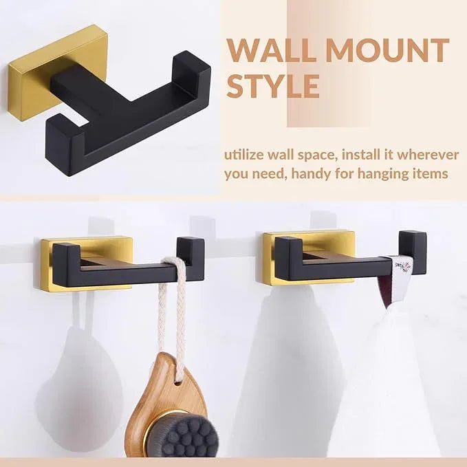 APLusee Double Bath Towel Hook 2 Pack, Solid Stainless Steel Square Dual Coat Holder, Modern Bathroom Kitchen Storage Hanger Wall Mounted, Black & Gold - ModernBath