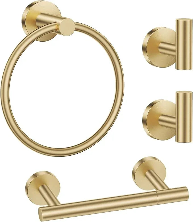 Lairuier Brushed Gold Towel Holder Set Include Double Bases Toilet Paper Holder,Towel Ring and 2 Towel Hooks Stainless Steel Wall Mounted Bathroom Hardware Accessories Set - ModernBath