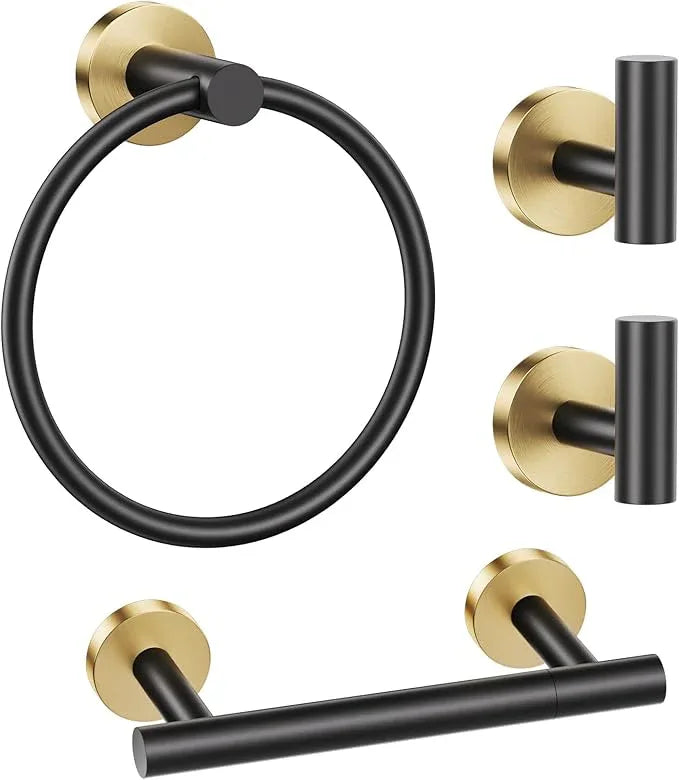 Black Gold Bathroom Hardware Set, 4-Piece Towel Holder Set Include Double Bases Toilet Paper Holder,Towel Ring and 2 Towel Hooks Stainless Steel Wall Mounted Bathroom Hardware Accessories Set - ModernBath