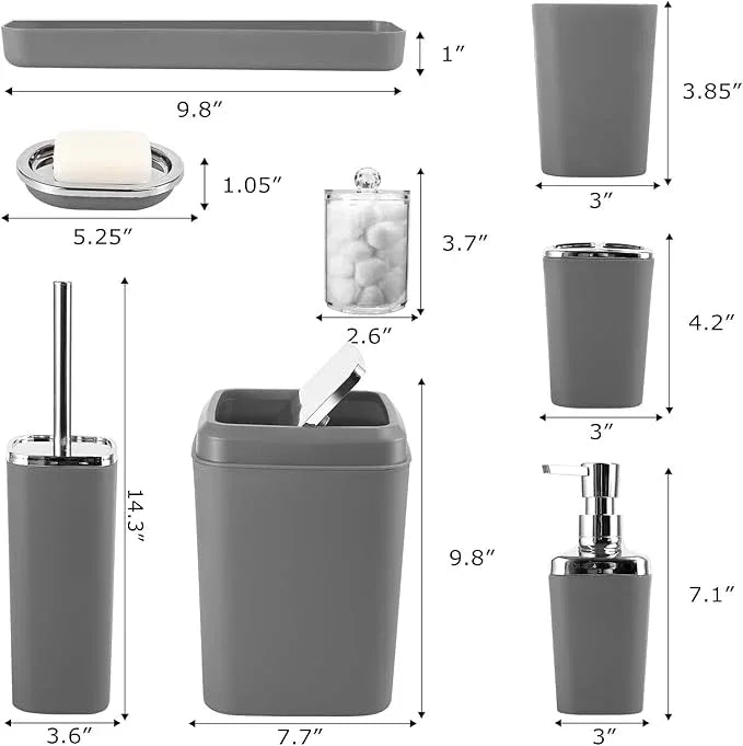 XLHOMO Grey Bathroom Accessories Sets Complete, 9-Piece Bathroom Accessories with Trash Can, Vanity Tray, Soap Dispenser, Soap Dish, Toothbrush Holder, Toothbrush Cup, Toilet Brush and Qtip Holders - ModernBath