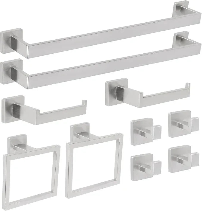 FAHKNS 10 PCS Bathroom Hardware Accessories Set 23.6 Inch Stainless Steel Bath Towel Bar Set Square Towel Ring Set for Bathroom Wall Mounted, Silver - ModernBath