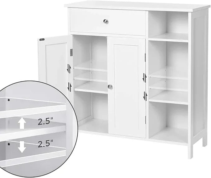 VASAGLE Floor Storage Cabinet with Drawer, Freestanding Cabinet with Doors, 3 Open Compartments, Adjustable Shelves, 11.8 x 29.5 x 31.5 Inches, for Bathroom, Living Room, Cloud White UBBC142W01 - ModernBath