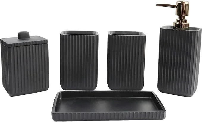 Hymmah Black Bathroom Accessories Set,Unique Design Bathroom Set 5 Pcs Resin Gift Set Apartment Necessities, Contain Cotton Swab Jar,Soap Dispenser,Soap Dish/Tray,Tumbler - ModernBath
