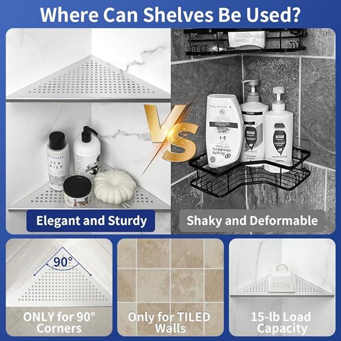 Corner Shower Shelves, 12" Brushed 304 Stainless Steel Recessed Shelf for Bathroom, Grout in Shelf for Tiled Wall, 2 Pack Large Size - ModernBath