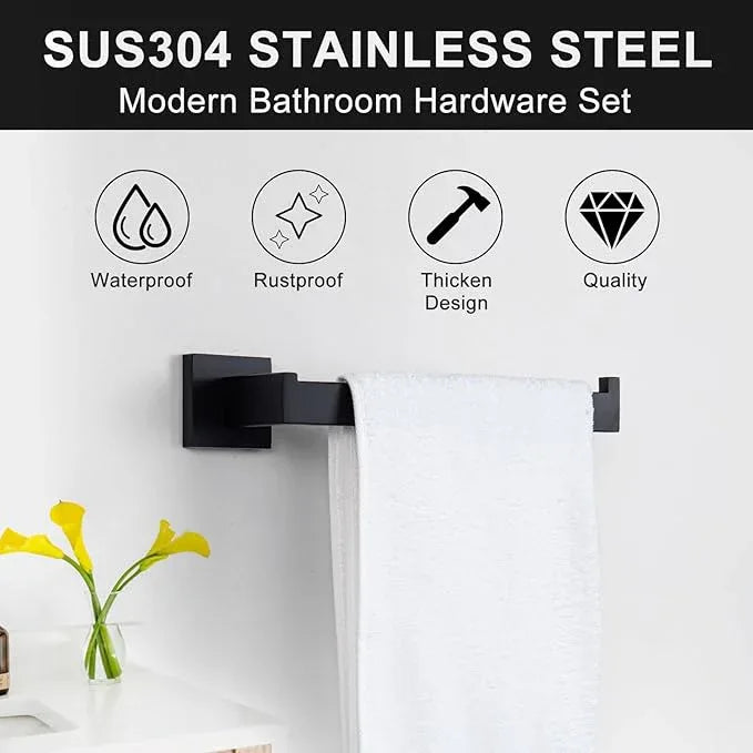 Bathroom Hardware Accessories Set Matte Black,5-Piece Black Towel Bar Set 16" Wall Mounted Towel Holder Stainless Steel-Includes Towel Bar,Robe Towel Hooks,Toilet Paper - ModernBath