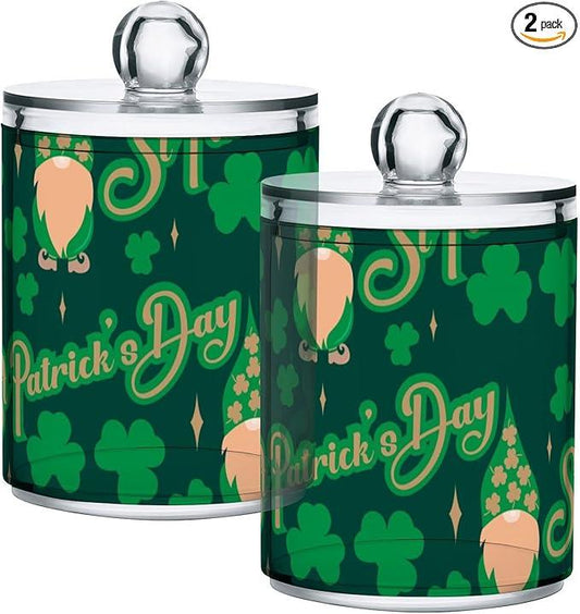 Qtip Holder Bathroom Set Q tip Cotton Ball Swab Pad Dispenser Container Organizer Plastic Jars with Lids Storage 2Pack Green St Patrick's Day Gnome - ModernBath