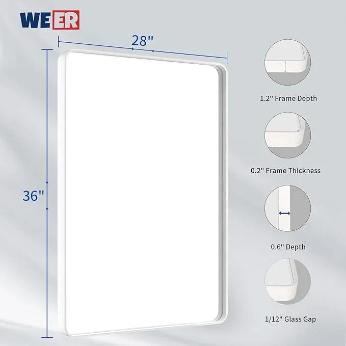 WEER White Bathroom Mirror 28X36 Inch, Rounded Rectangle White Metal Frame Mirror, Matte White Bathroom Vanity Mirror with Tempered Glass, Anti-Rust, Hangs Horizontally or Vertically - ModernBath
