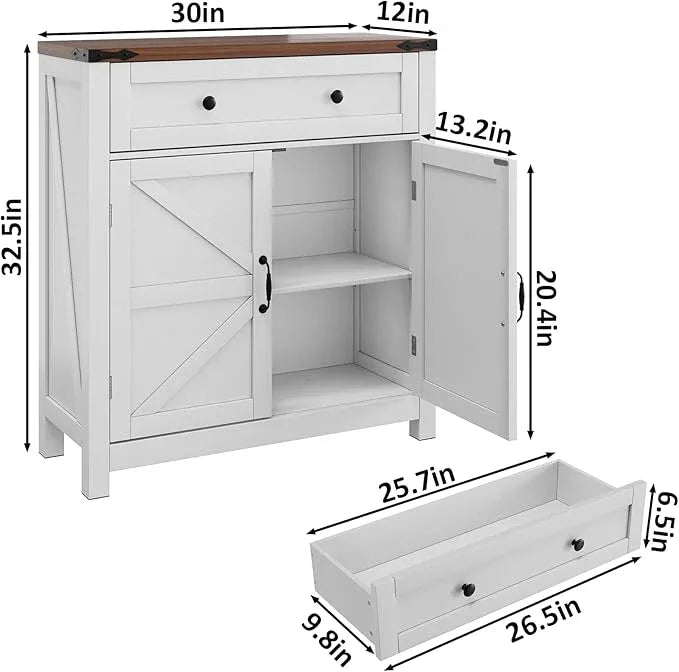 Farmhouse Storage Cabinet with 2 Doors, White Kitchen Cabinet with Walnut Countertop, Freestanding Floor Storage Cabinets Hutch Cupboard - ModernBath