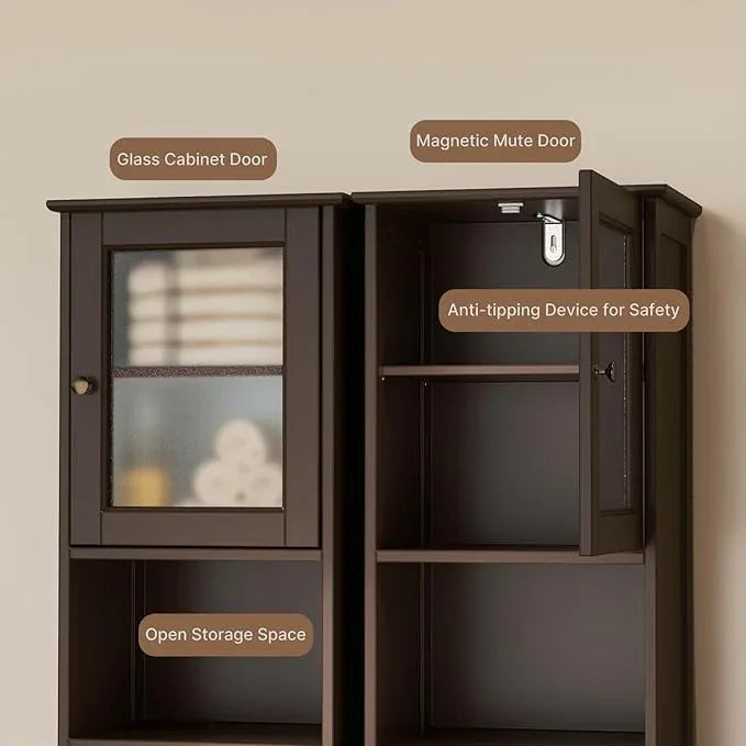 Gizoon Tall Bathroom Storage Tower, Freestanding Linen Cabinet with Two-Way Doors, Adjustable Shelves, Anti-Tip Floor Cabinet, for Home, Kitchen, Living Room, Dark Brown - ModernBath