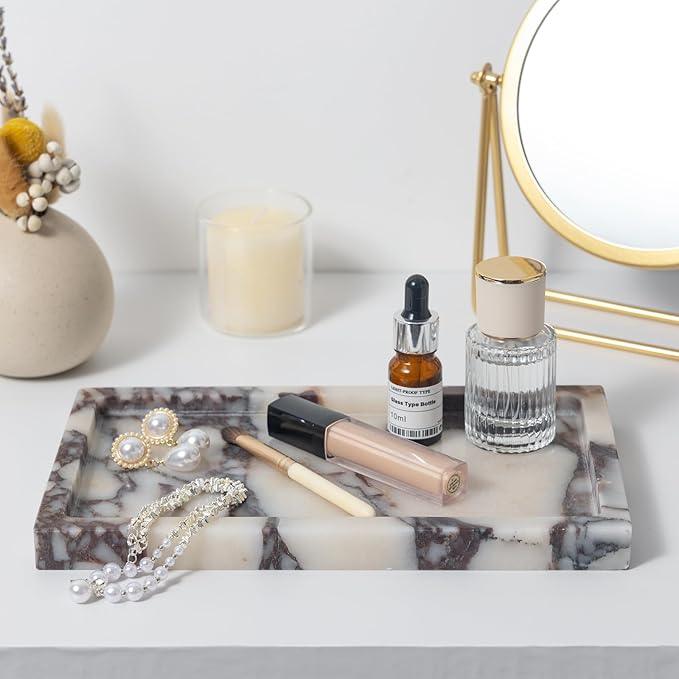 Natural Calacatta Viola Marble Tray 10"x6" Rectangular - Non-Resin Bathroom Vanity Organizer & Office Desk Tray | Waterproof Stone Serving Platter for Jewelry/Perfume (Purple Portoro) - ModernBath