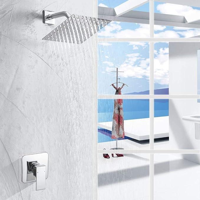 Heable Single Function Shower Trim Kit with Rough-in Valve, Bathroom Rain Shower Set Rainfall Shower Faucet System with Square Stainless Steel Metal Shower Head, Polished Chrome - ModernBath