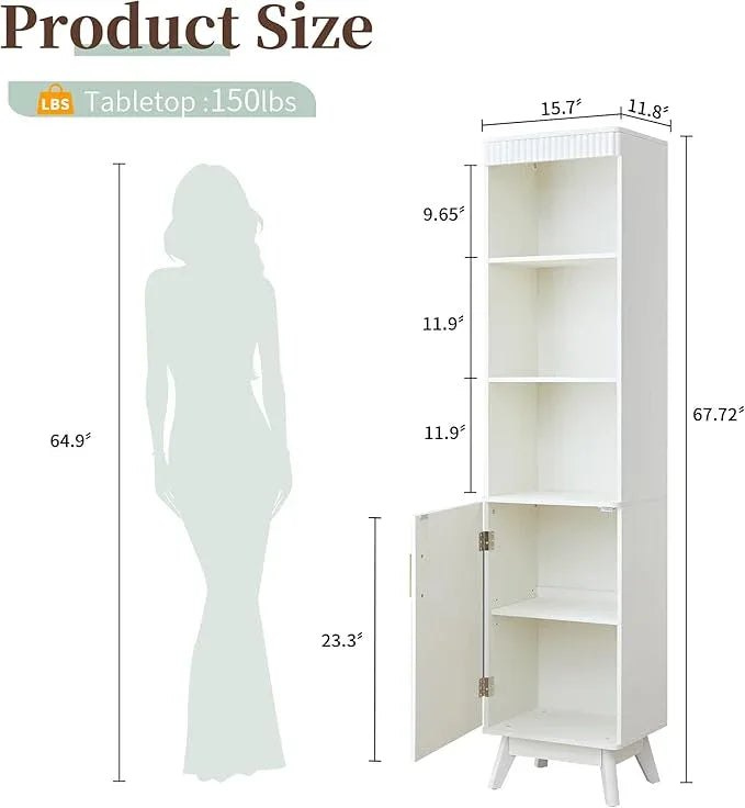 68" Tall Bathroom Storage Cabinet,Narrow Fluted Tower Cabinet with Door and Shelves,Slim Space Saving Storage Unit for Bathroom Kitchen Living Room (White, 11.8" D x 15.75" W x 68" H) - ModernBath