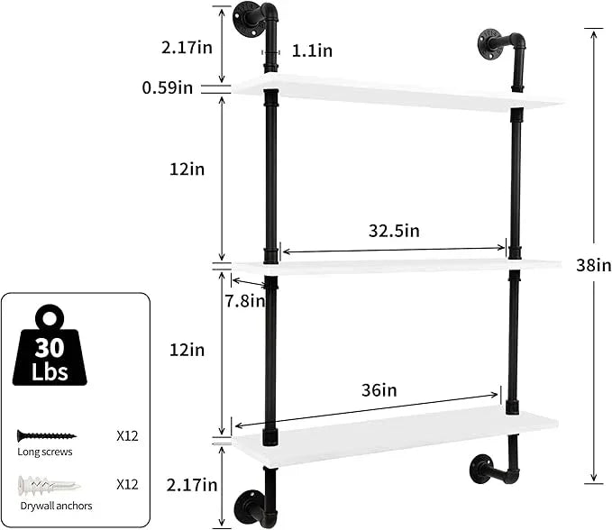 3-Tier Industrial Pipe Floating Shelf – Rustic 36 inch Wood Wall-Mounted Storage Shelf for Kitchen Office,Bathroom & Home Decor -White - ModernBath