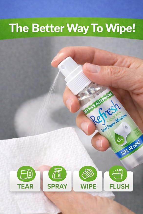 Refresh Liquid Wipe Toilet Paper Spray – Eco-Friendly Flushable Wet Wipe Alternative, Cleanses & Soothes with Witch Hazel & Aloe, Septic & Plumbing Safe, 2 Fl Oz (1 Pack) - ModernBath