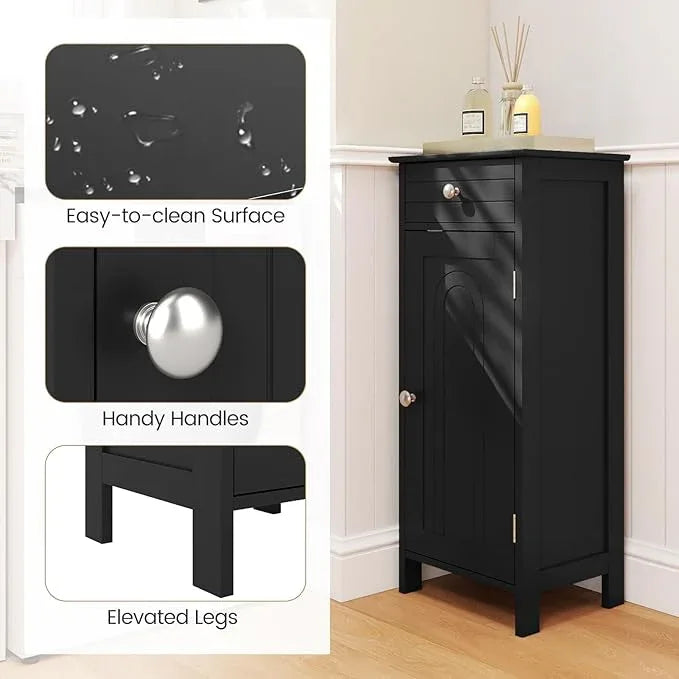 GLACER Floor Storage Cabinet, Multifunctional Bathroom Storage Cabinet with 2 Adjustable Shelves, Ideal for Bathroom, Living Room, 14 x 12 x 34.5 inches (Black) - ModernBath
