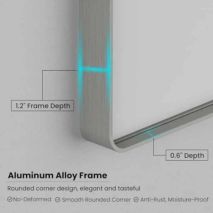 JISOSO Brushed Nickel Bathroom Mirror 38x38 Inch, Brushed Silver Metal Frame Mirror Wall Mounted, Rounded Bathroom Vanity Mirror, Tempered Glass, Anti-Rust, Horizontal/Vertical - ModernBath