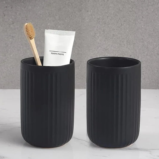 Matte Black Toothbrush Holders for Bathrooms - Black Ceramic Bathroom Tumbler Cups Reusable Toothbrush Cup Black Mouthwash Cup, 2 Cups Toothbrush Toothpaste Holders Set, Bathroom Counter Organizer - ModernBath