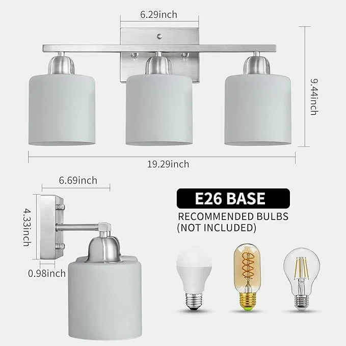Brushed Nickel Bathroom Light Fixture, 3 Light Vanity Lights for Bathroom, Bath Lights with Milky White Frosted Glass Shades, E26 Socket - ModernBath