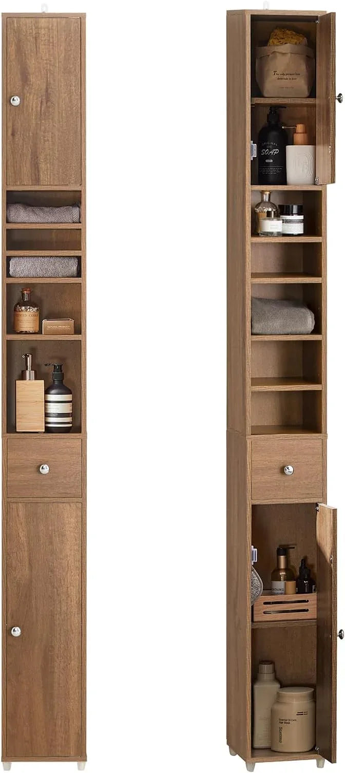 Haotian Bathroom Narrow Storage Cabinet Skinny Tall Unit with Adjustable Shelves Slender Anti-Tipping Floor Standing Cupboard, Natural BZR34-PF - ModernBath