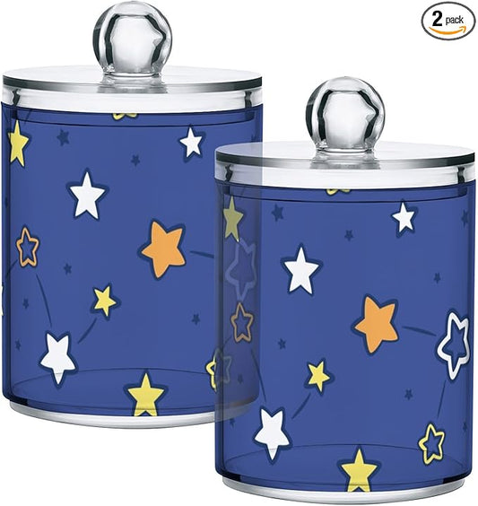 Tatenale Qtip Holder Bathroom Set Q tip Cotton Ball Swab Pad Dispenser Container Organizer Plastic Jars with Lids Storage 2Pack Stars Navy Blue