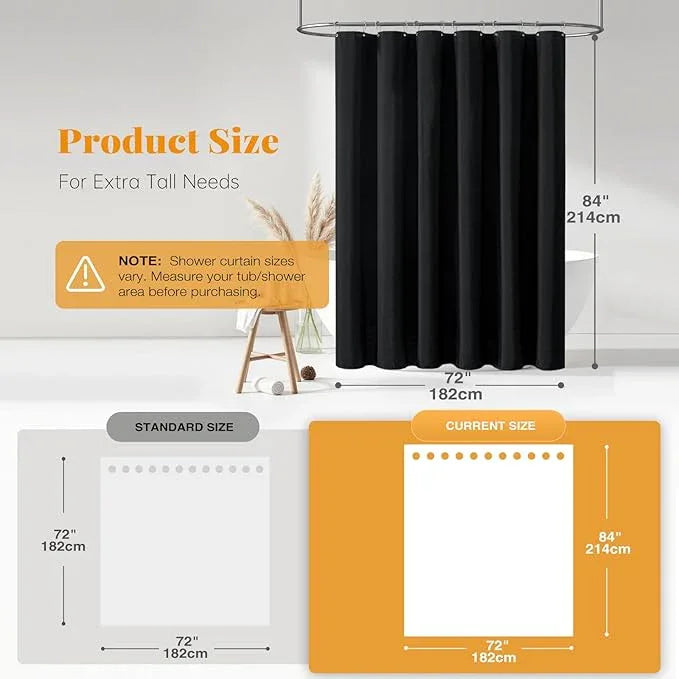 BTTN Extra Long Shower Curtain - 84 Inch Long Linen Textured Weighted Fabric Shower Curtain Set with 12 Plastic Hooks, Hotel Luxury Decorative Curtains for Bathroom Showers and Bathtubs - 72x84, Black - ModernBath
