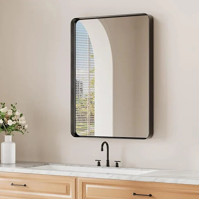 Koonmi Black Bathroom Mirror for Wall, 22x30 Inch Matte Metal Deep Framed Rounded Corner Wall Mirror, Shatterproof Tempered Glass for Farmhouse Bedroom Entryway, Vertically or Horizontally - ModernBath