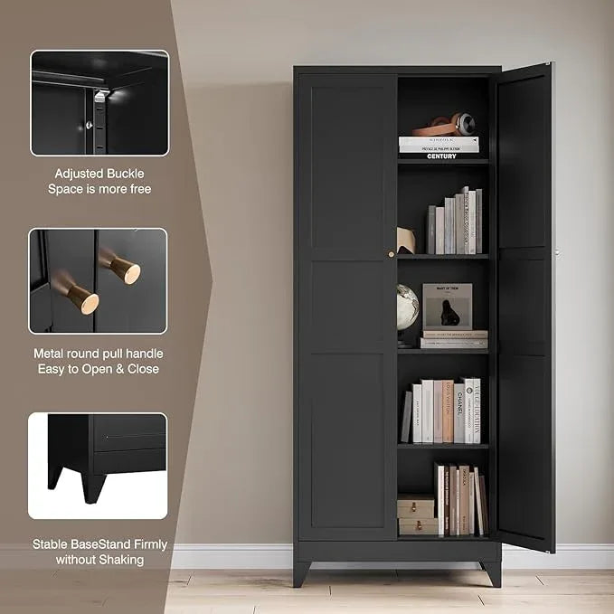 Yizosh Metal Pantry Cabinet, 75" Kitchen Pantry with 2 Door and 4 Adjustable Shelves,Black Metal Pantry Storage Cabinet,Cupboard for Kitchen,Dining Room,Living Room and Bathroom - ModernBath