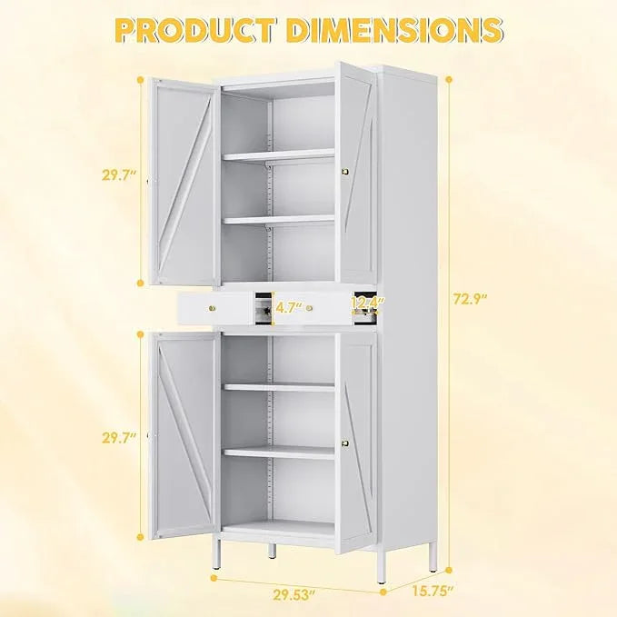 72.9" H Metal Pantry Cabinet, 4 Doors Kitchen Pantry Storage Cabinets with 2 Drawers, for Home Office Bathroom, Required Assembly, White - ModernBath