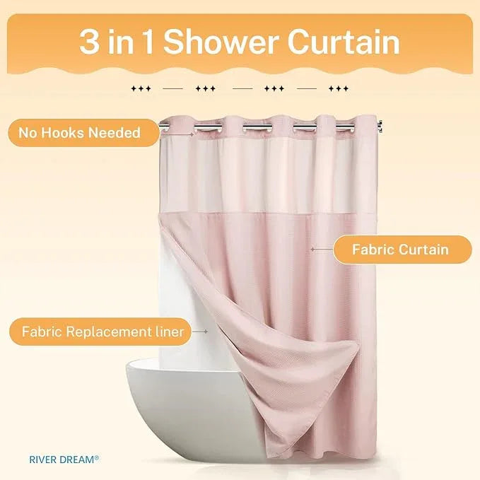 River Dream No Hooks Required Dotted Pink Shower Curtain with Snap in Liner - 71" W x 74" H,Hotel Grade,Spa Like Bath Curtain - ModernBath