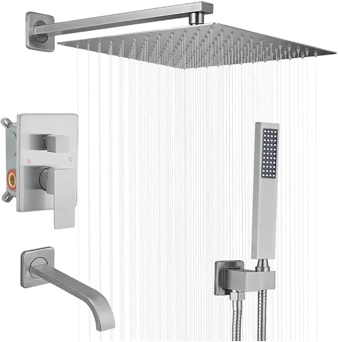 Heable Brushed Nickel Shower System Bathroom Shower Faucet Set with Tub Spout Wall Mounted 12 Inch Shower Head and Handle Set with Handheld 3 Function Tub and Shower Trim Kit with Valve - ModernBath