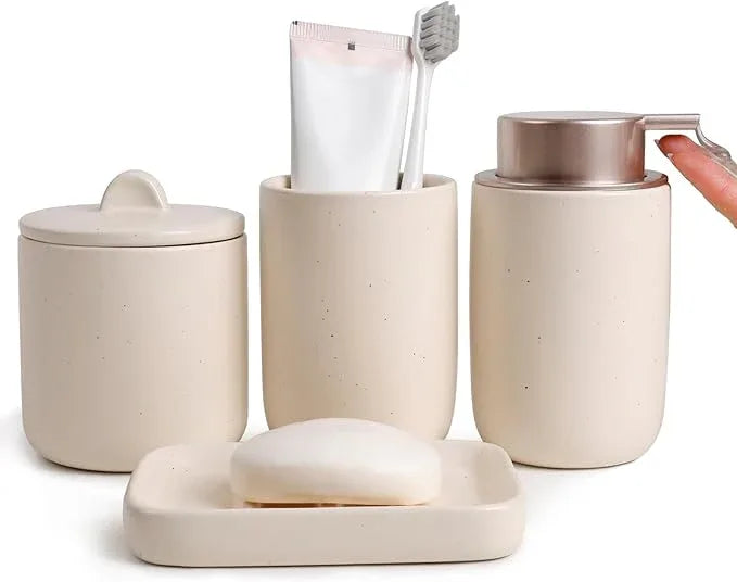 BosilunLife Ceramic Bathroom Accessories Sets Complete Bathroom soap Dispenser and Toothbrush Holder Set (Apricot-Liquid) - ModernBath