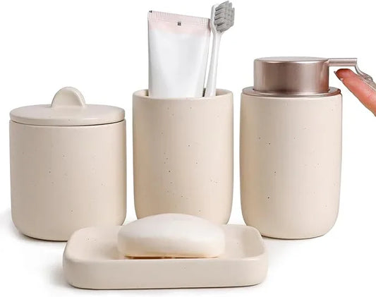 BosilunLife Ceramic Bathroom Accessories Sets Complete Bathroom soap Dispenser and Toothbrush Holder Set (Apricot-Liquid) - ModernBath