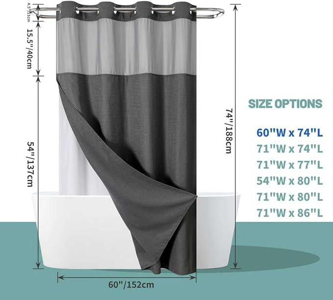 eachope Charcoal No Hook Waffle Weave Shower Curtain with snap-in Liner Replacement, 230GSM Waterproof Fabric Hotel Shower Curtain Set for Bathroom, Through Mesh Top Window,60Wx74H - ModernBath