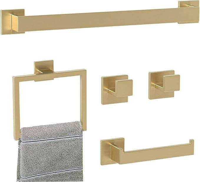 Bathroom Accessory Towel Bar Set: 5 Pieces Gold Bathroom Hardware Square SUS304 Stainless Steel - 24 Inch Wall Mounted Towel Rack&Toilet Paper Holder&Towel Ring and Towel Hook - ModernBath