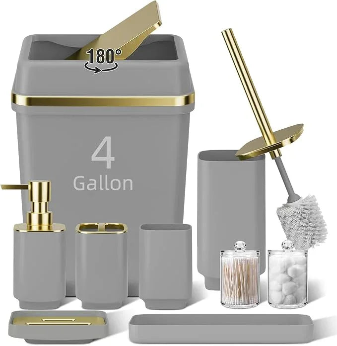 9PCS Bathroom Accessory Set, Grey Bathroom Set with Large-Capacity 4 Gallon Trash Can, Bathroom Accessories Set Complete, Toothbrush Holder, Soap Dispenser, Toilet Brush, Bathroom Decor - ModernBath