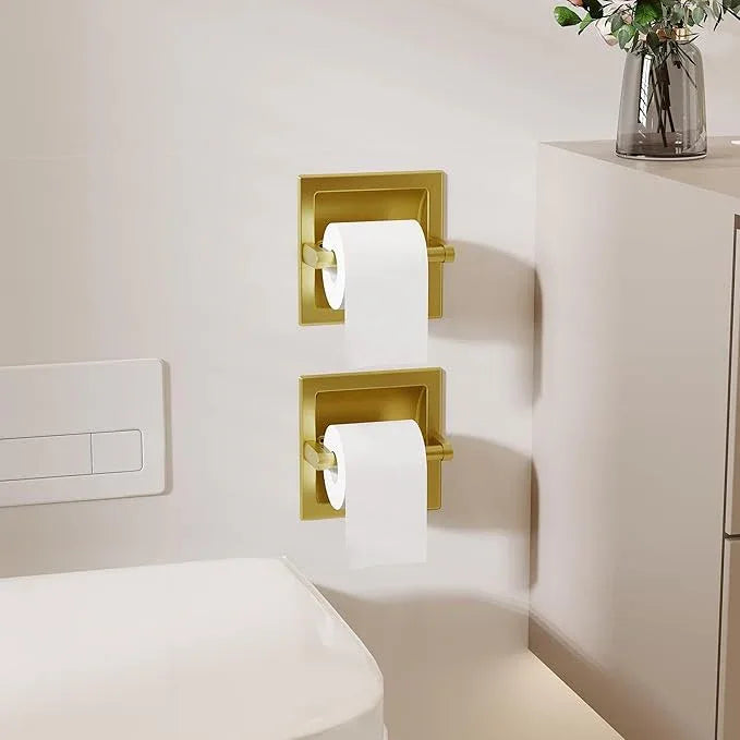 Recessed Toilet Paper Holder 2 Pack Gold， in Wall Toilet Paper Holder Pivoting，Wall Mount Toilet Paper Roll Holder, Bathroom Shallow Gold Stainless Steel Tissue Holder - ModernBath
