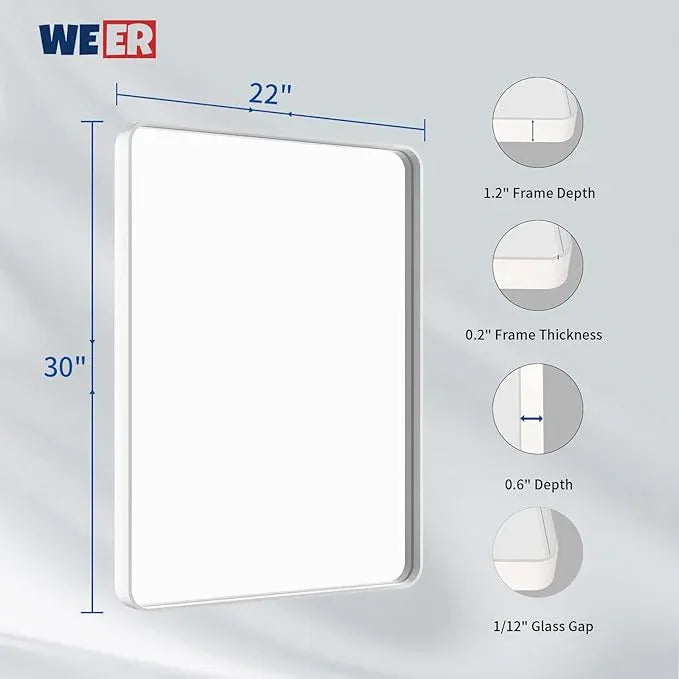 WEER White Bathroom Mirror 22X30 Inch, Rounded Rectangle White Metal Frame Mirror, Matte White Bathroom Vanity Mirror with Tempered Glass, Anti-Rust, Hangs Horizontally or Vertically - ModernBath